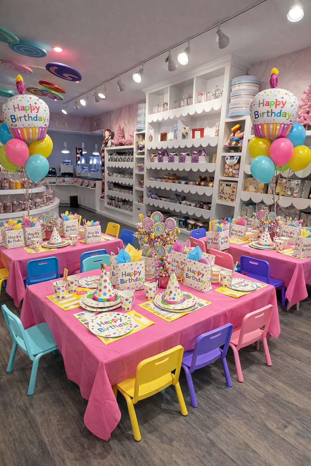 Colorful birthday party setup with festive decorations and balloons