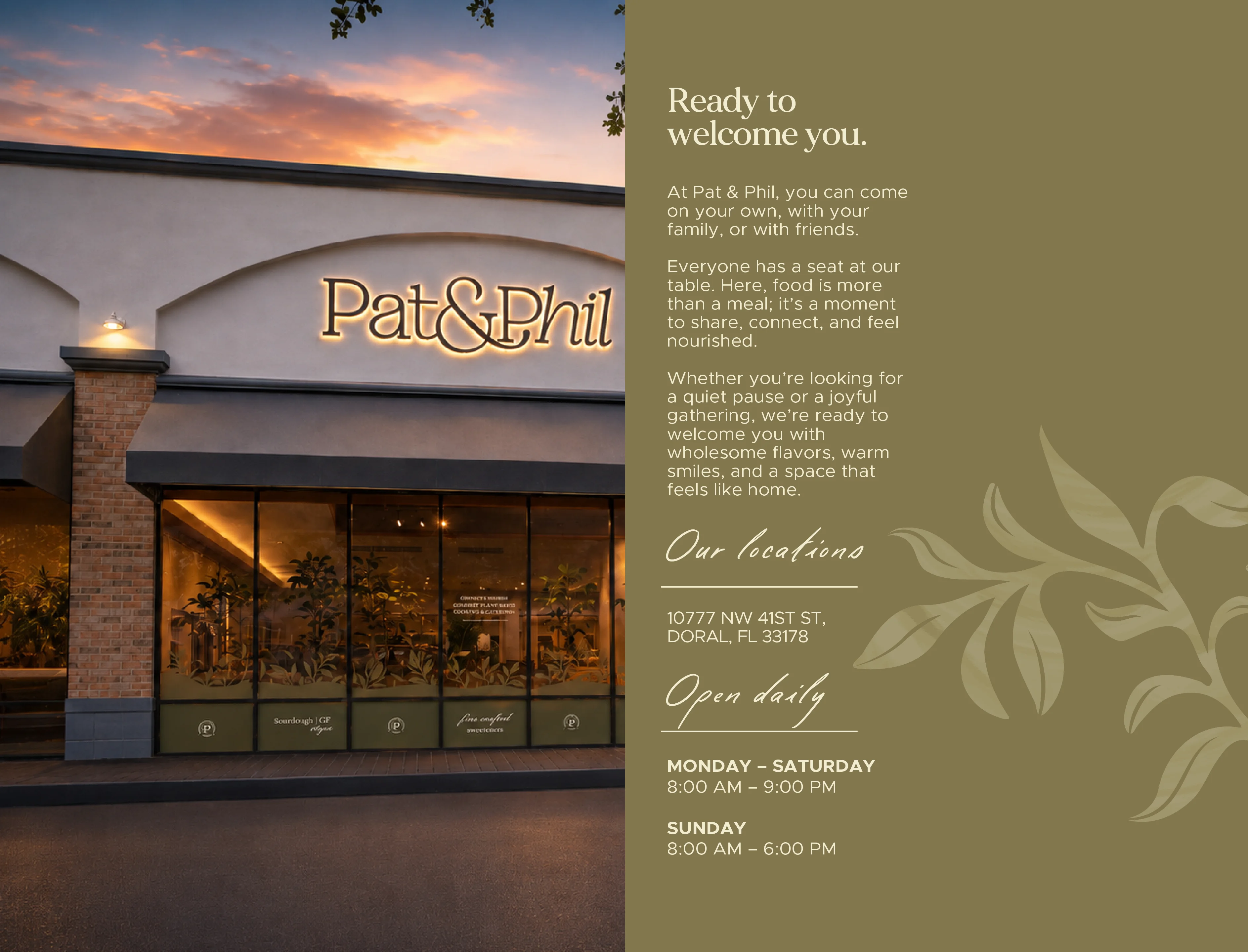 Exterior view of Pat & Phil restaurant with warm lighting and inviting atmosphere