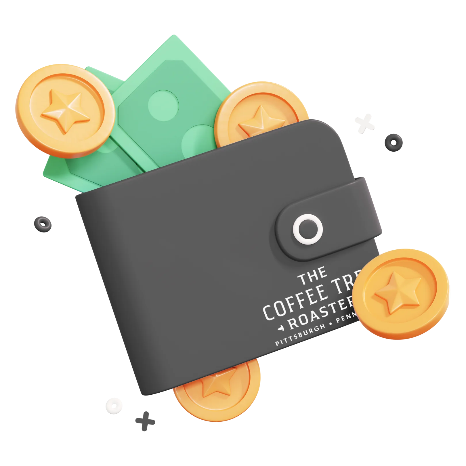 Illustration of a gray wallet with green bills and gold coins spilling out, set against a black background. Text reads "The Coffee Tree Roasters, Pittsburgh, Pennsylvania."