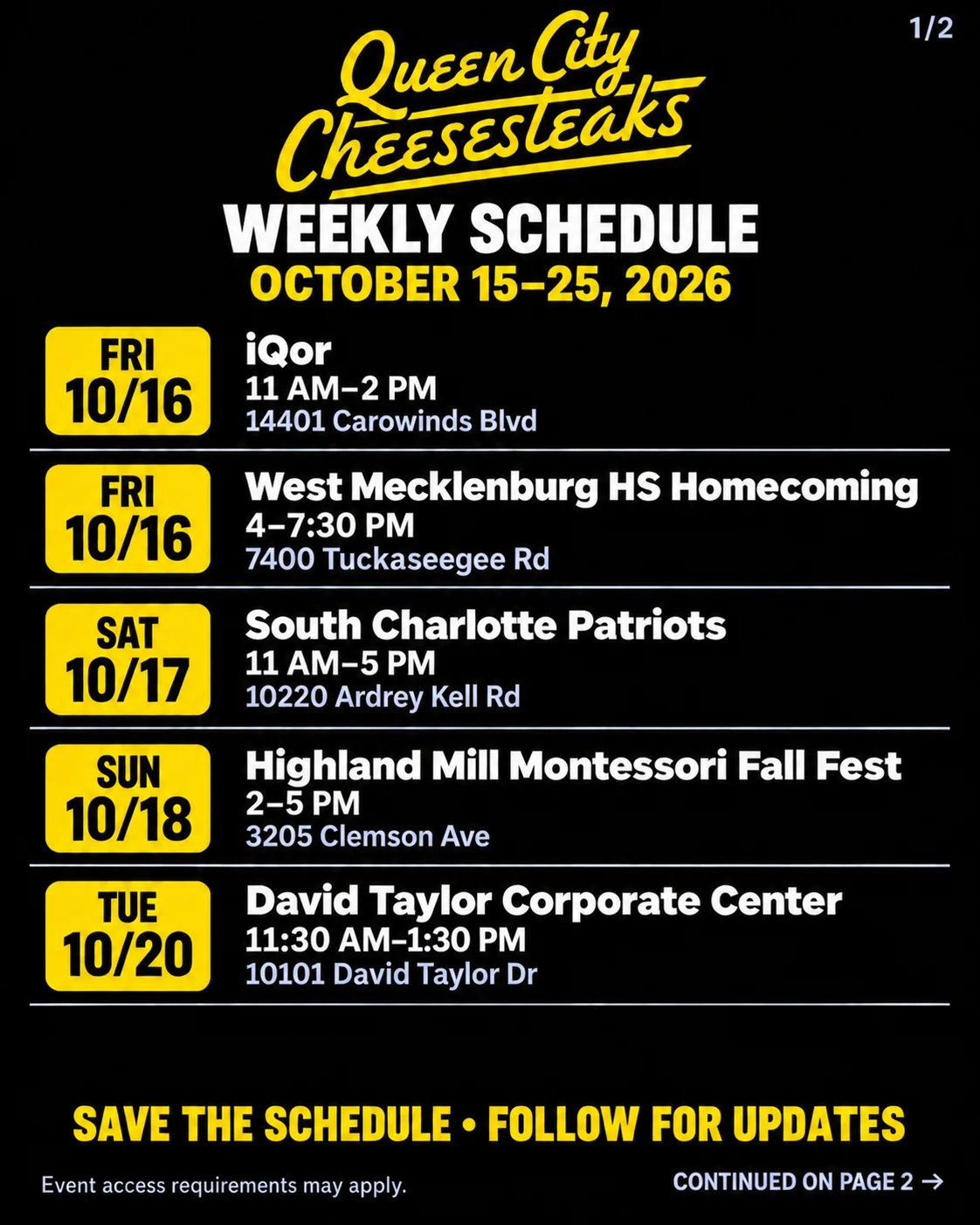 Weekly schedule graphic for a Charlotte cheesesteak food truck