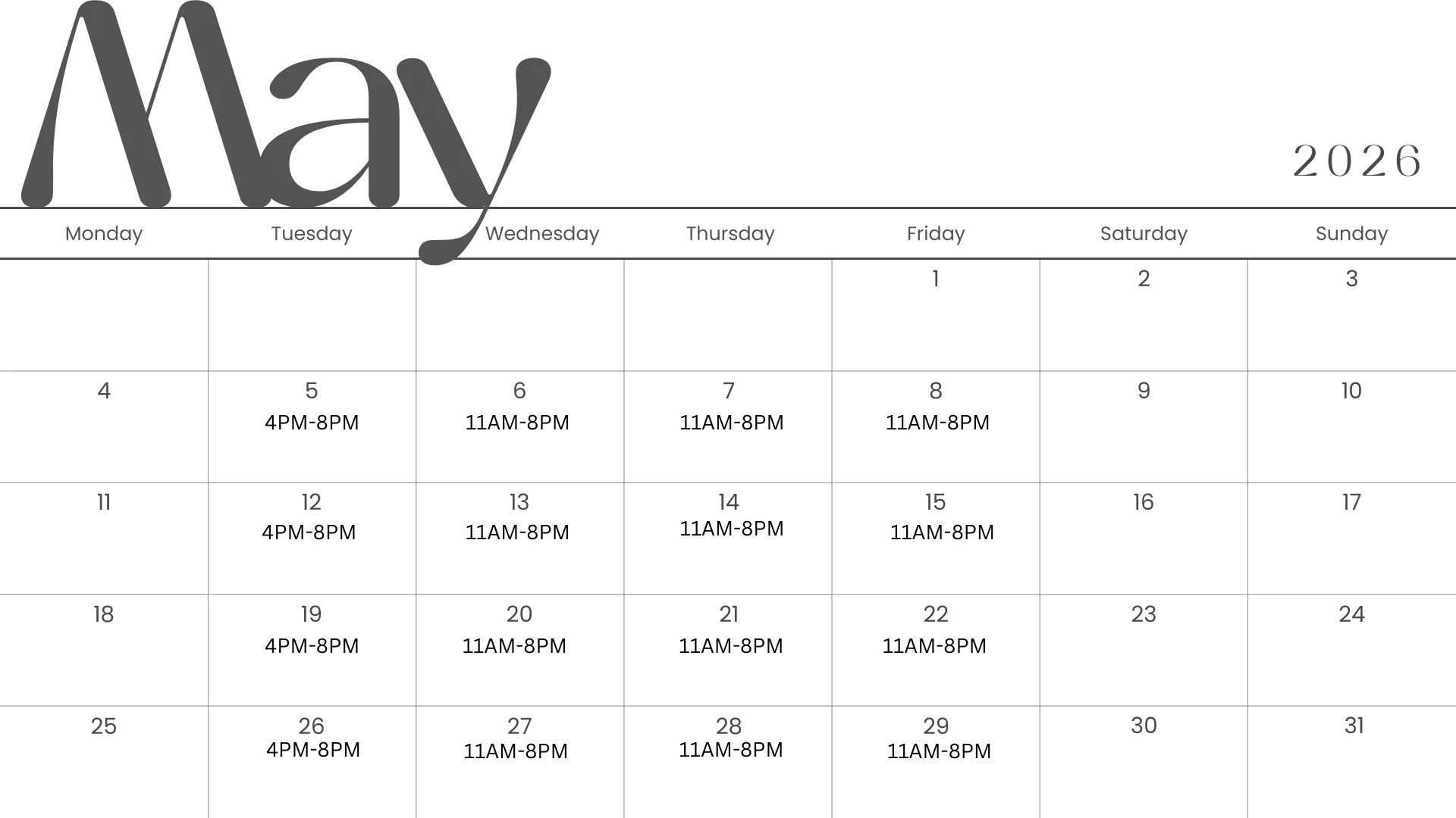 May calendar with restaurant events and promotions