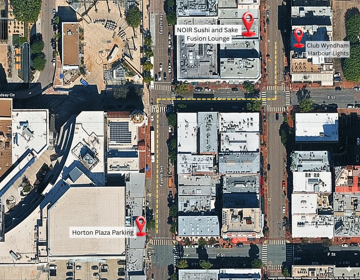 Map showing locations of NOIR Sushi and Sake Fusion Lounge and Horton Plaza Parking