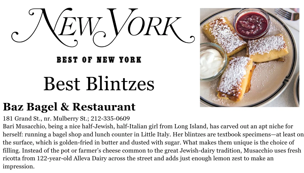 New York Magazine Best Bagel Blintzes Baz bagel