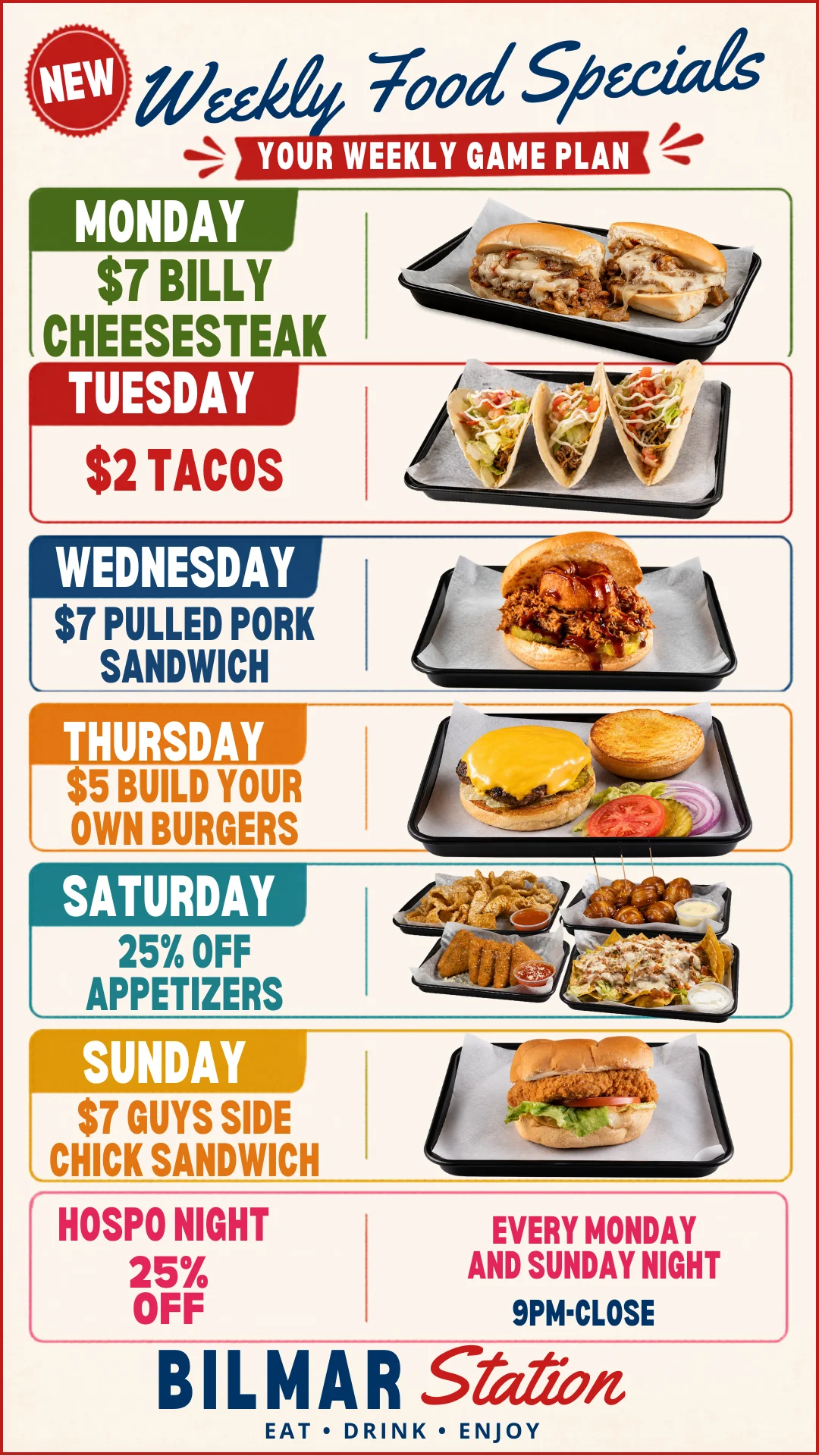 Weekly food specials menu at Bilmar Station with daily deals.