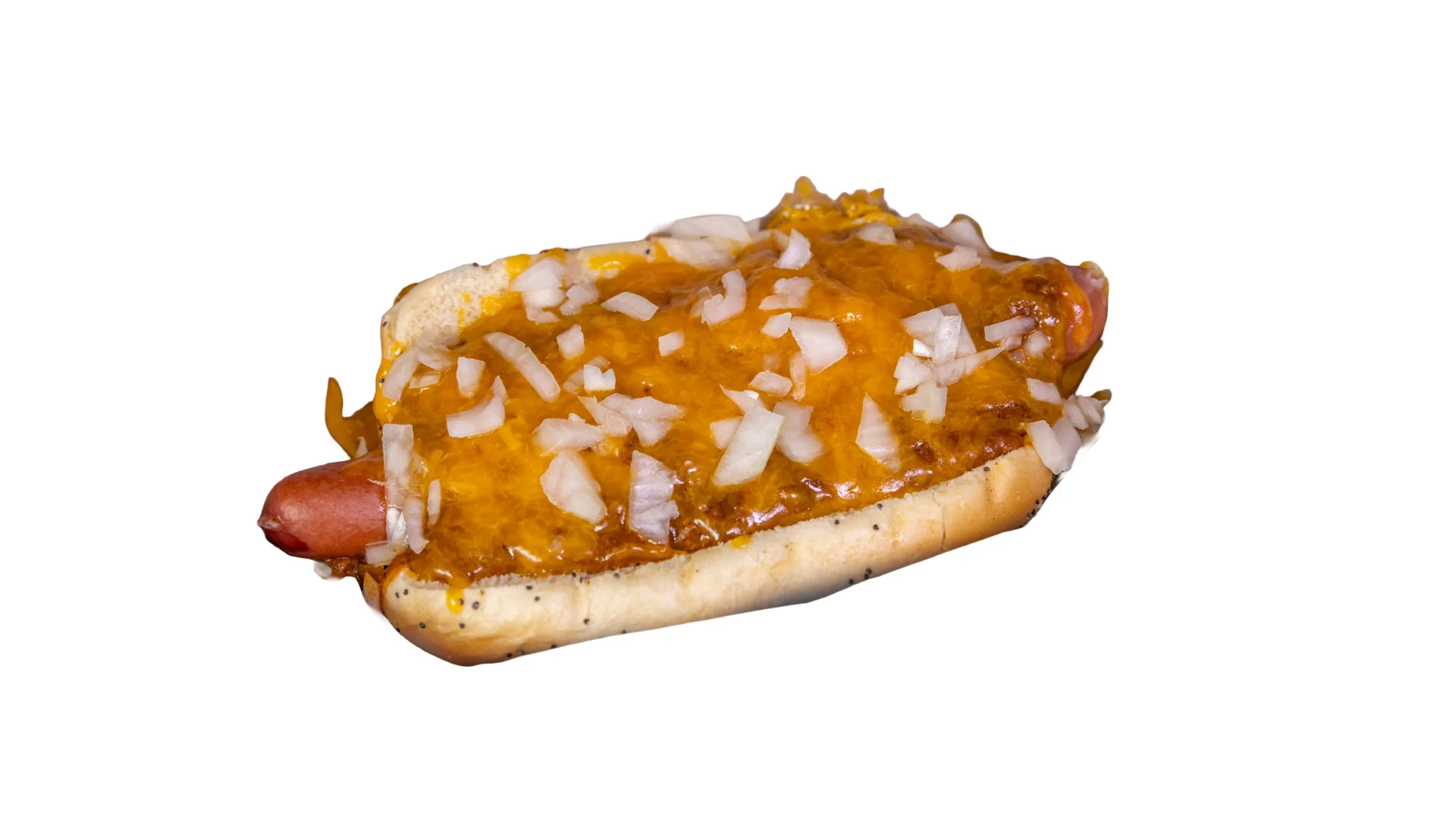 Hot dog topped with melted cheese and chopped onions on a bun.