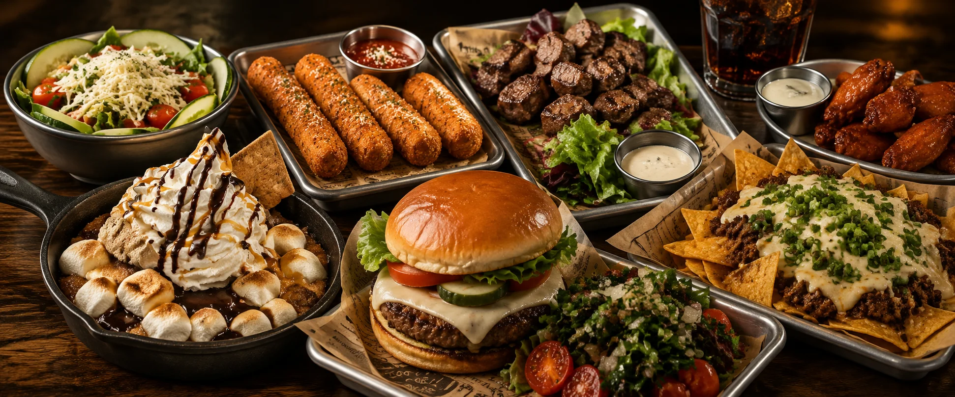 Assorted American comfort food platter with burgers, wings, and nachos