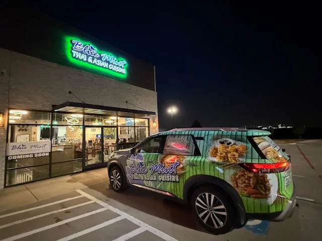 Exterior of Blue Mint Thai Asian Cuisine restaurant at night