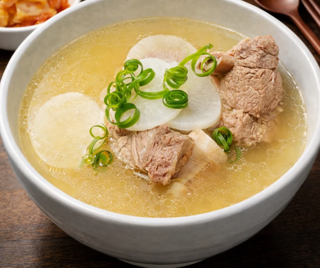 Tender beef ribs and fresh Korean radish are gently simmered in our rich, nourishing bone broth to create a comforting and deeply flavorful soup. Light yet satisfying, this traditional soup highlights the natural sweetness of radish and the savory richness of slow-cooked beef, finished with fresh scallions for a clean, aromatic finish.