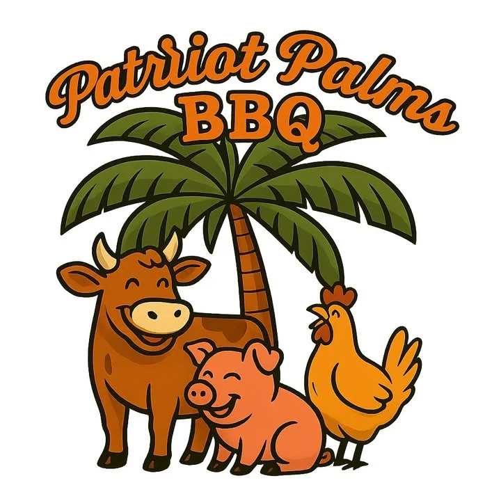 A cartoon-style logo featuring a cow, pig, and chicken under a palm tree, representing a BBQ restaurant.