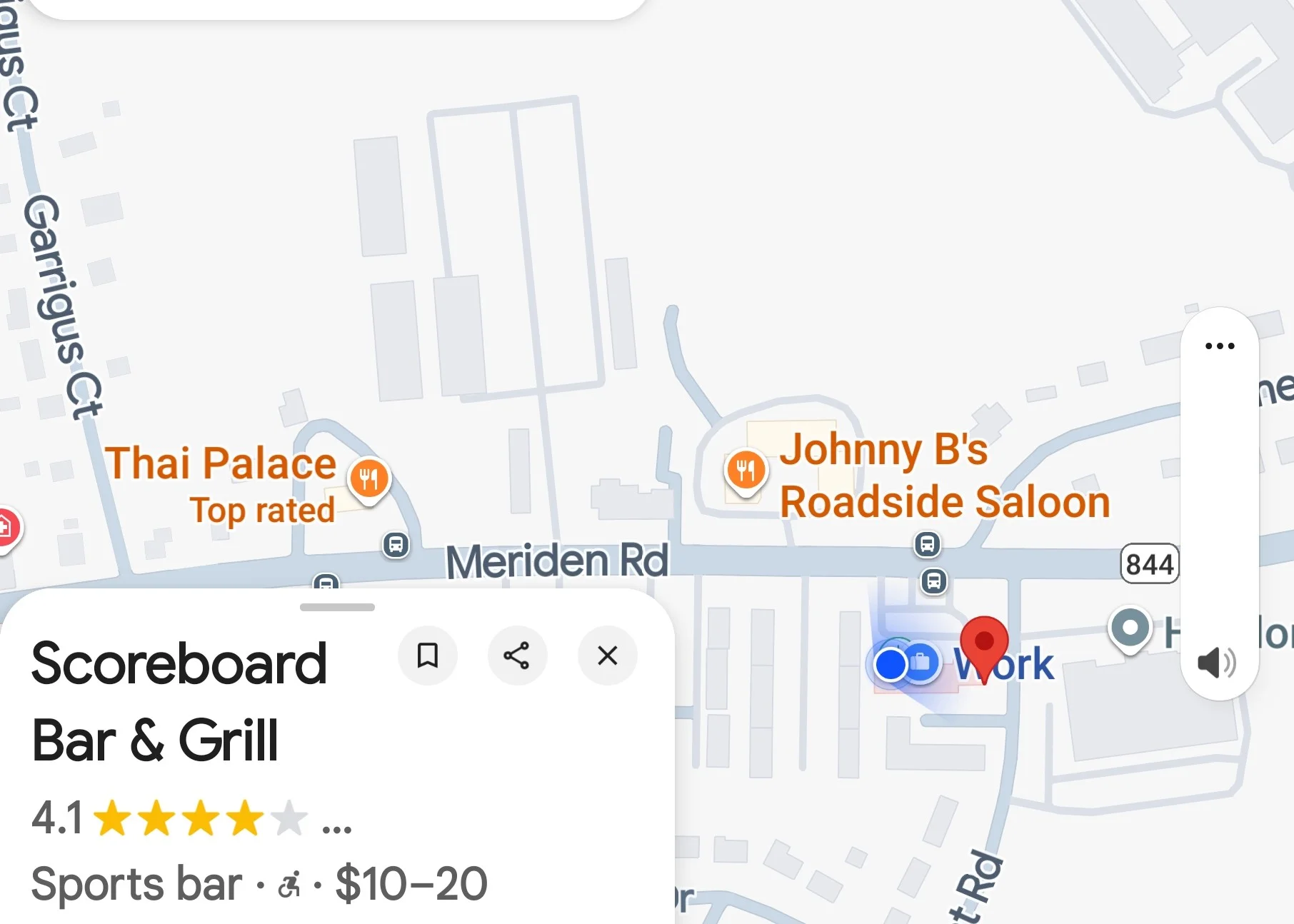 Map showing locations of Scoreboard Bar & Grill and nearby restaurants