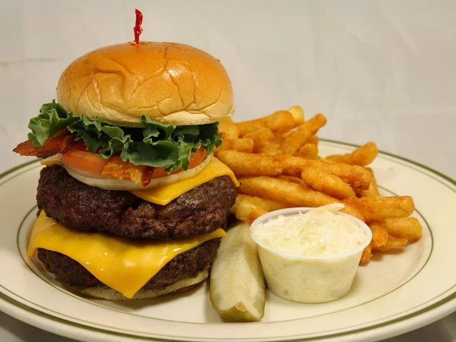 Double cheeseburger with bacon and fries