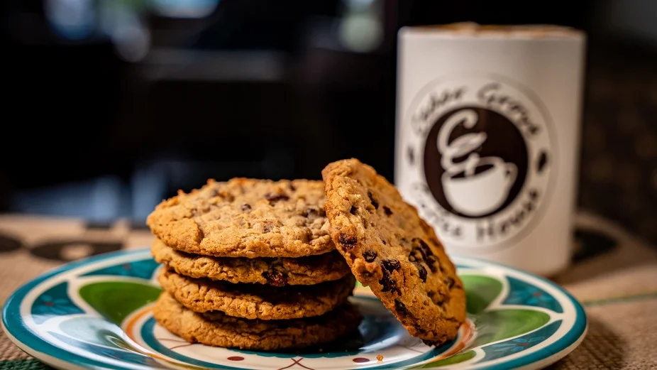 A stack of cookies on a colorful plate with a coffee cup in the background.