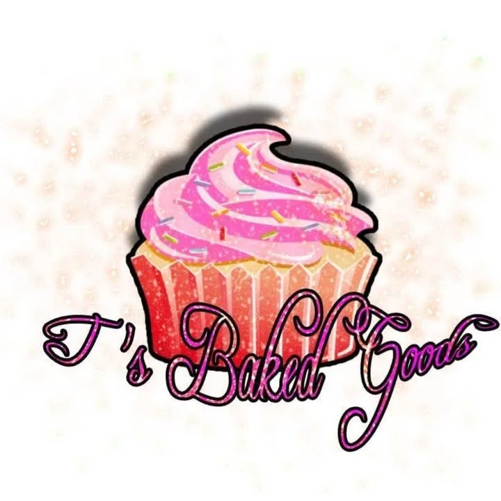 A vibrant logo featuring a cupcake with pink frosting and colorful sprinkles, accompanied by the text 'T's Baked Goods.'