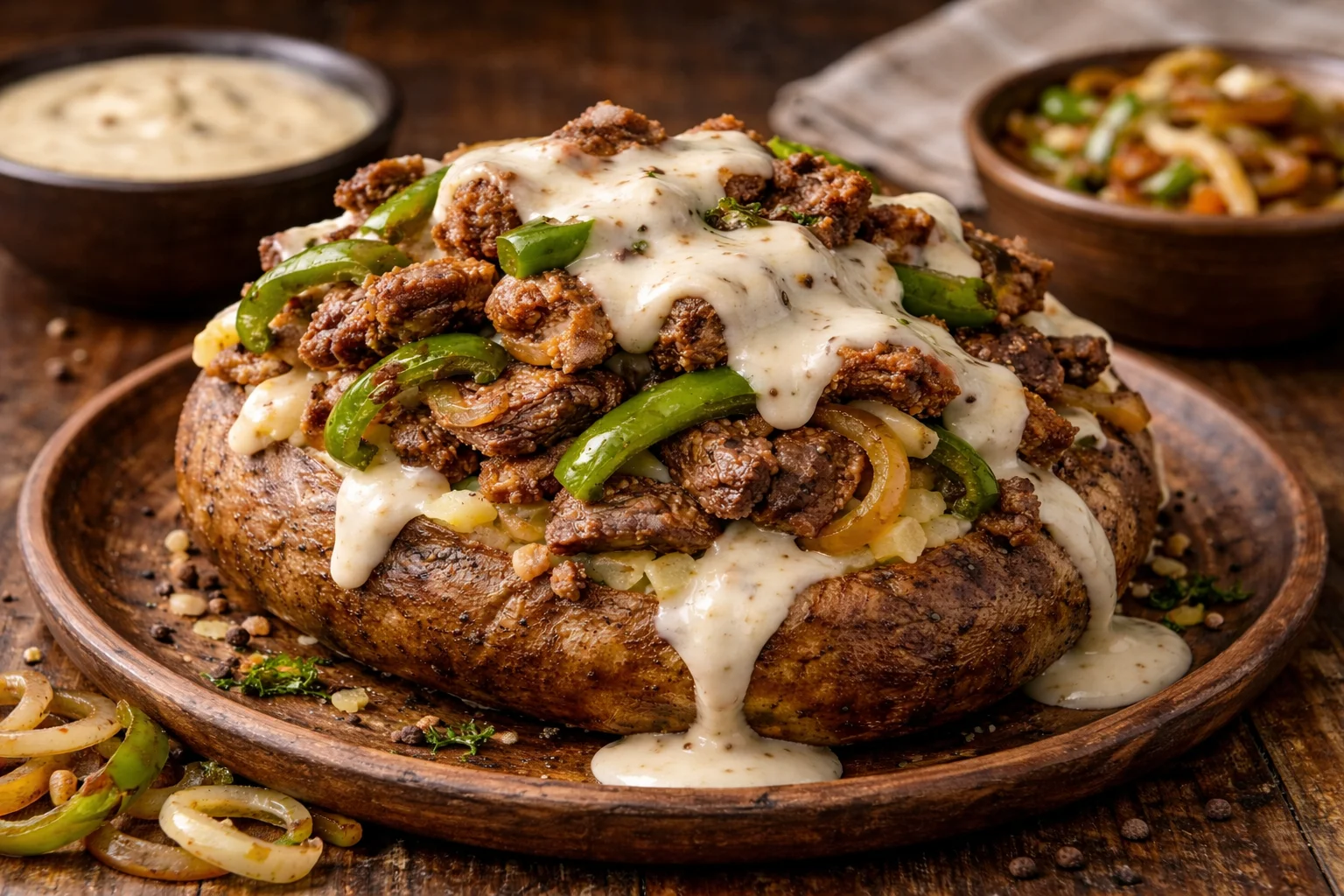 A large stuffed potato topped with savory beef, green peppers, and onions, drizzled with a creamy sauce. It's served on a wooden plate with additional sauce on the side.