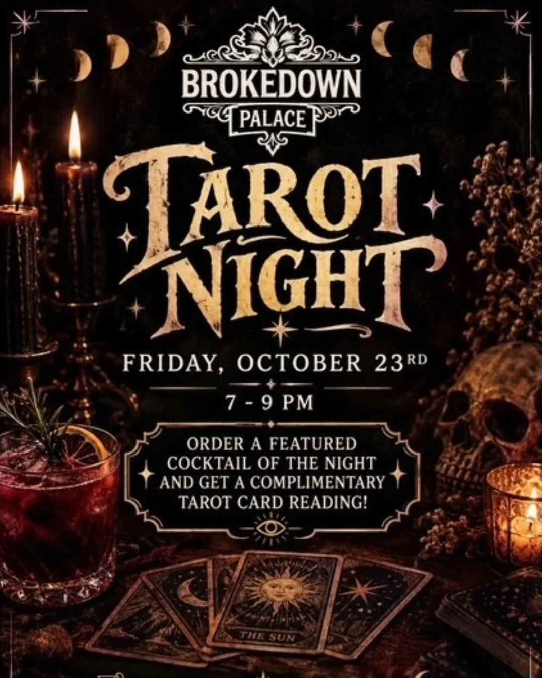 Tarot Night event poster with cocktails, candles, tarot cards, and mystical decor