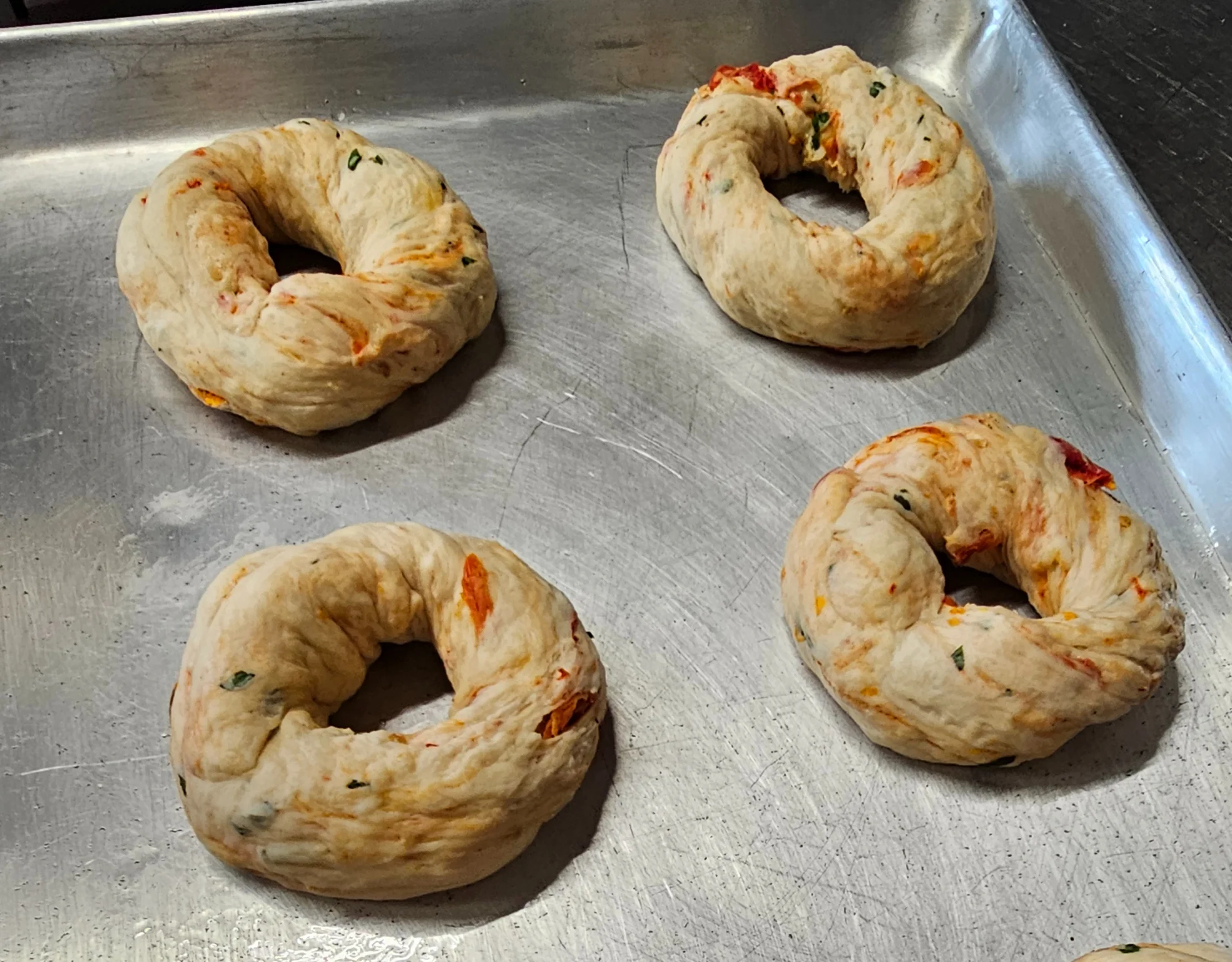 Freshly shaped bagels ready for baking