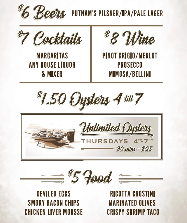 Happy Hour promotional image featuring drinks and appetizers.