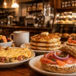 A variety of breakfast items including pancakes, eggs, and a salmon sandwich displayed on a wooden table.