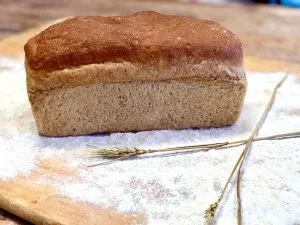 Freshly baked whole wheat bread loaf on a wooden board