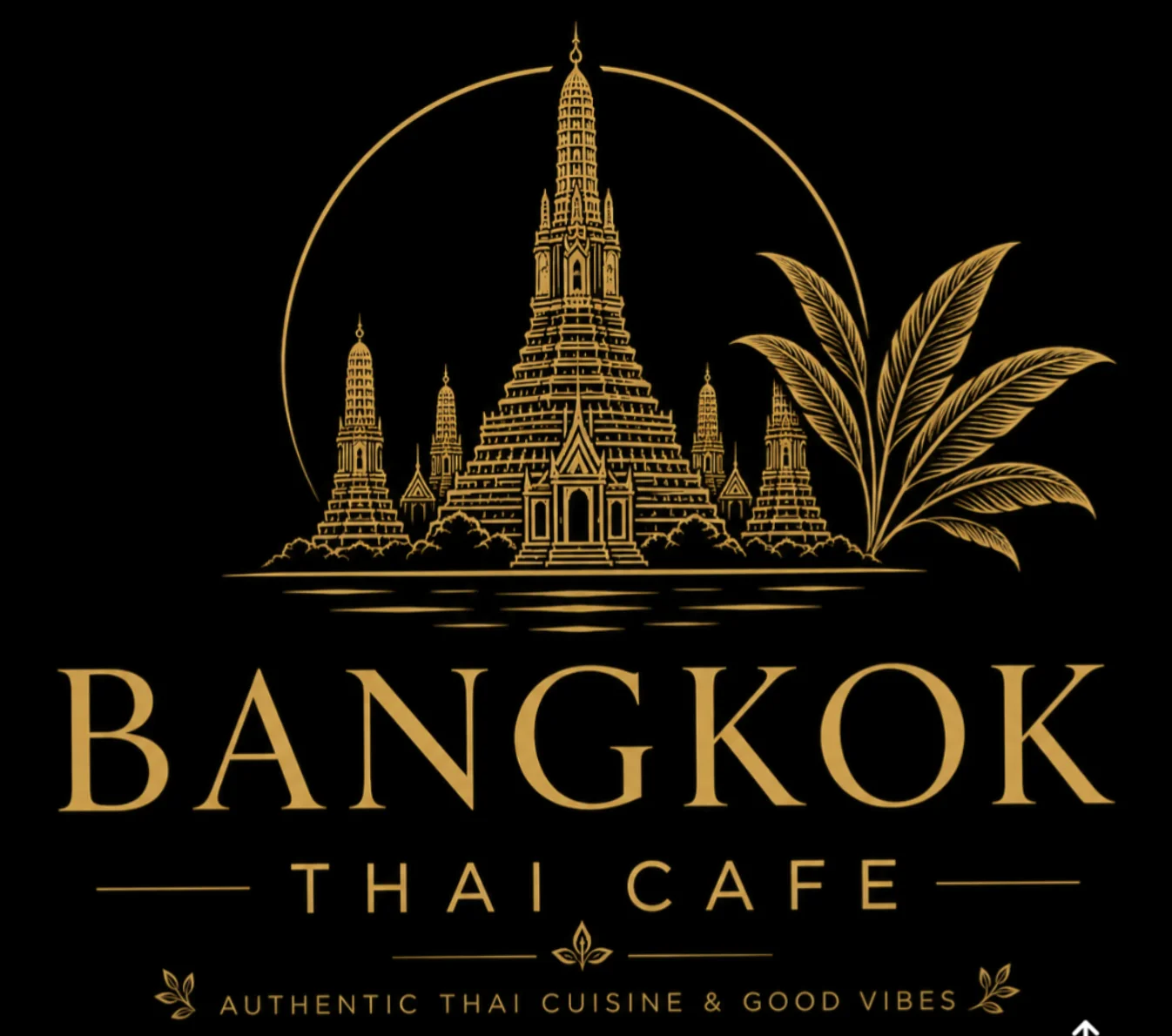Elegant logo of Bangkok Thai Cafe featuring a temple and palm leaves