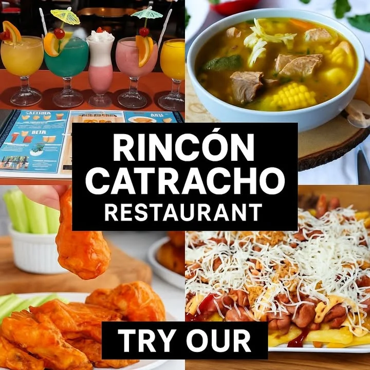 Honduran restaurant collage with tropical drinks and traditional dishes