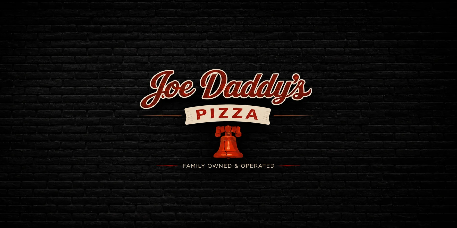A logo design featuring a bell and the name of a pizza establishment. The background consists of dark brick texture.