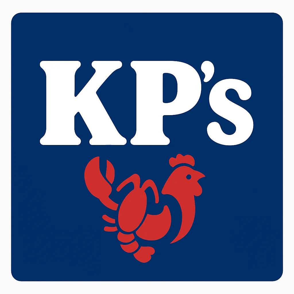 A logo featuring the text 'KP's' in white on a dark blue background, alongside a stylized red lobster and rooster graphic.