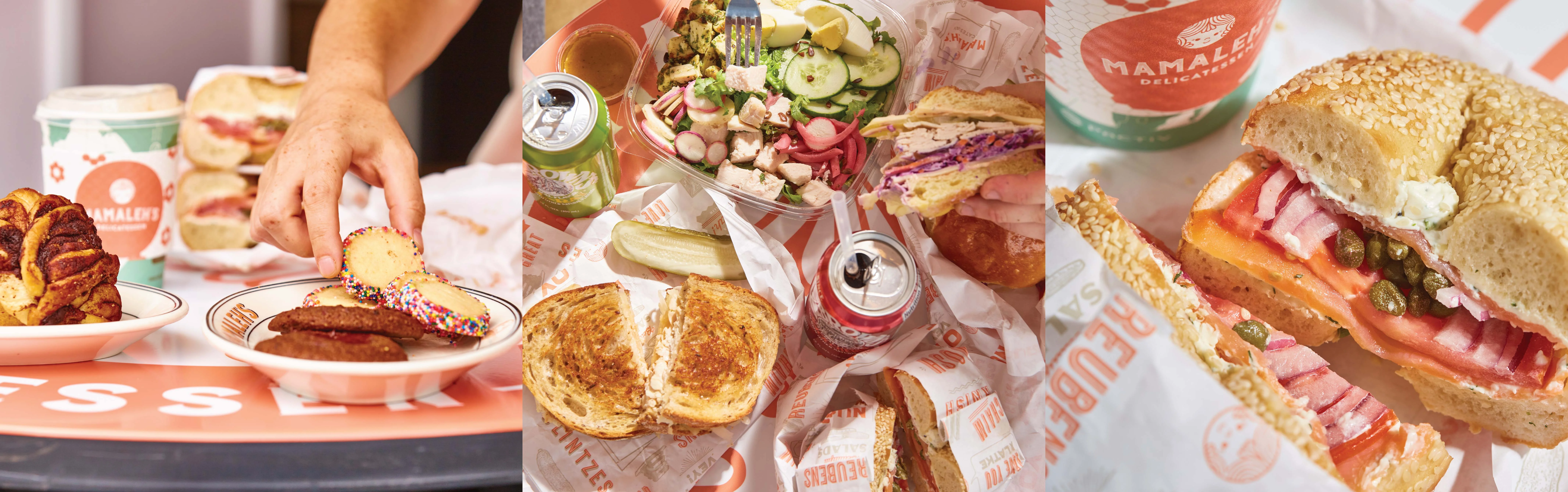 Assorted deli sandwiches and salads in a vibrant restaurant setting