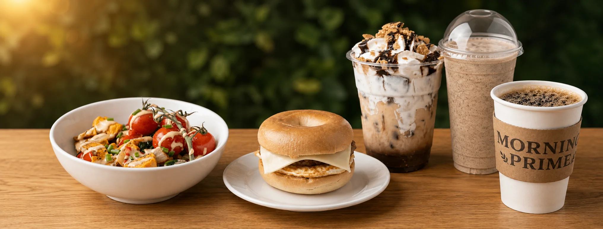 Breakfast spread featuring bagel sandwich and coffee