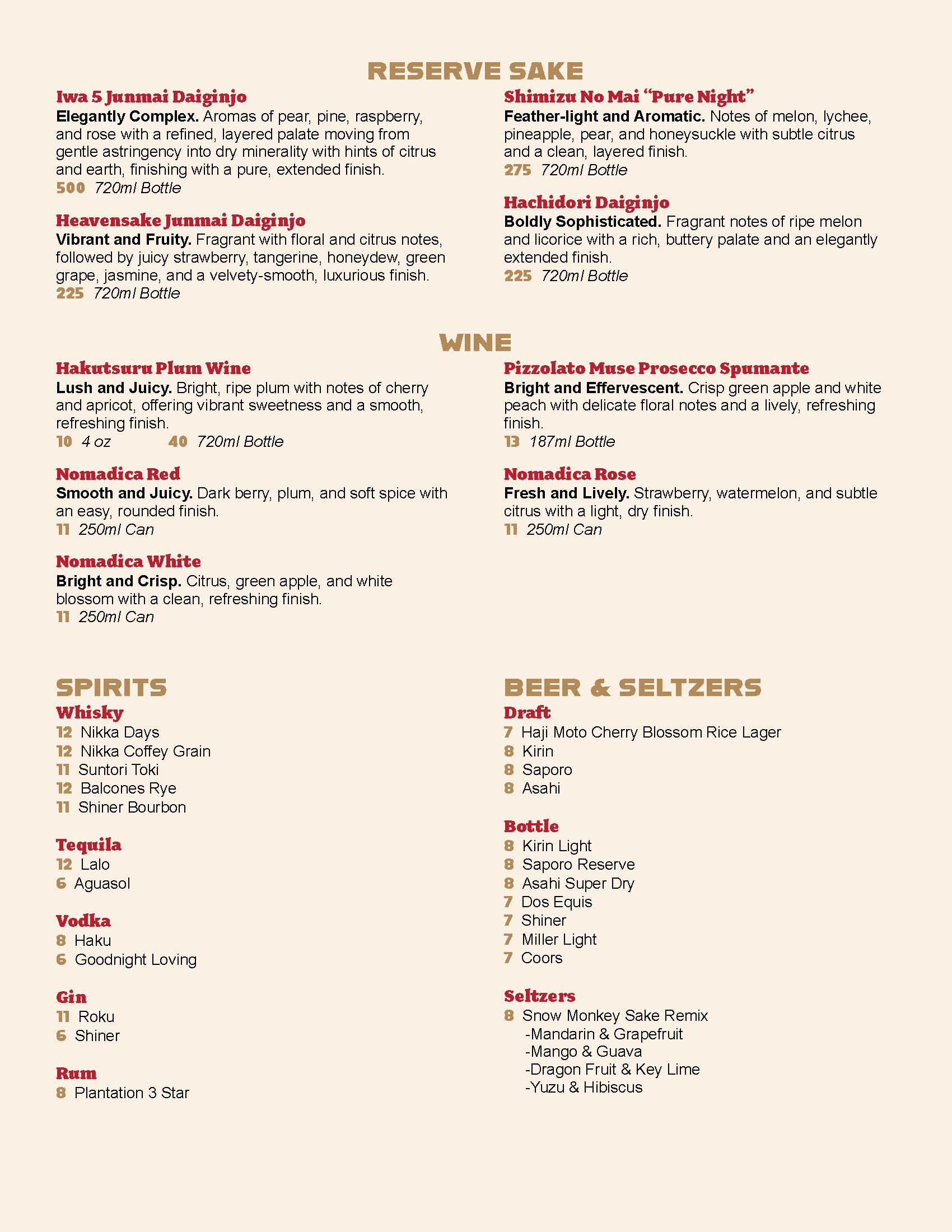 Sake menu featuring various types and descriptions of sake options.