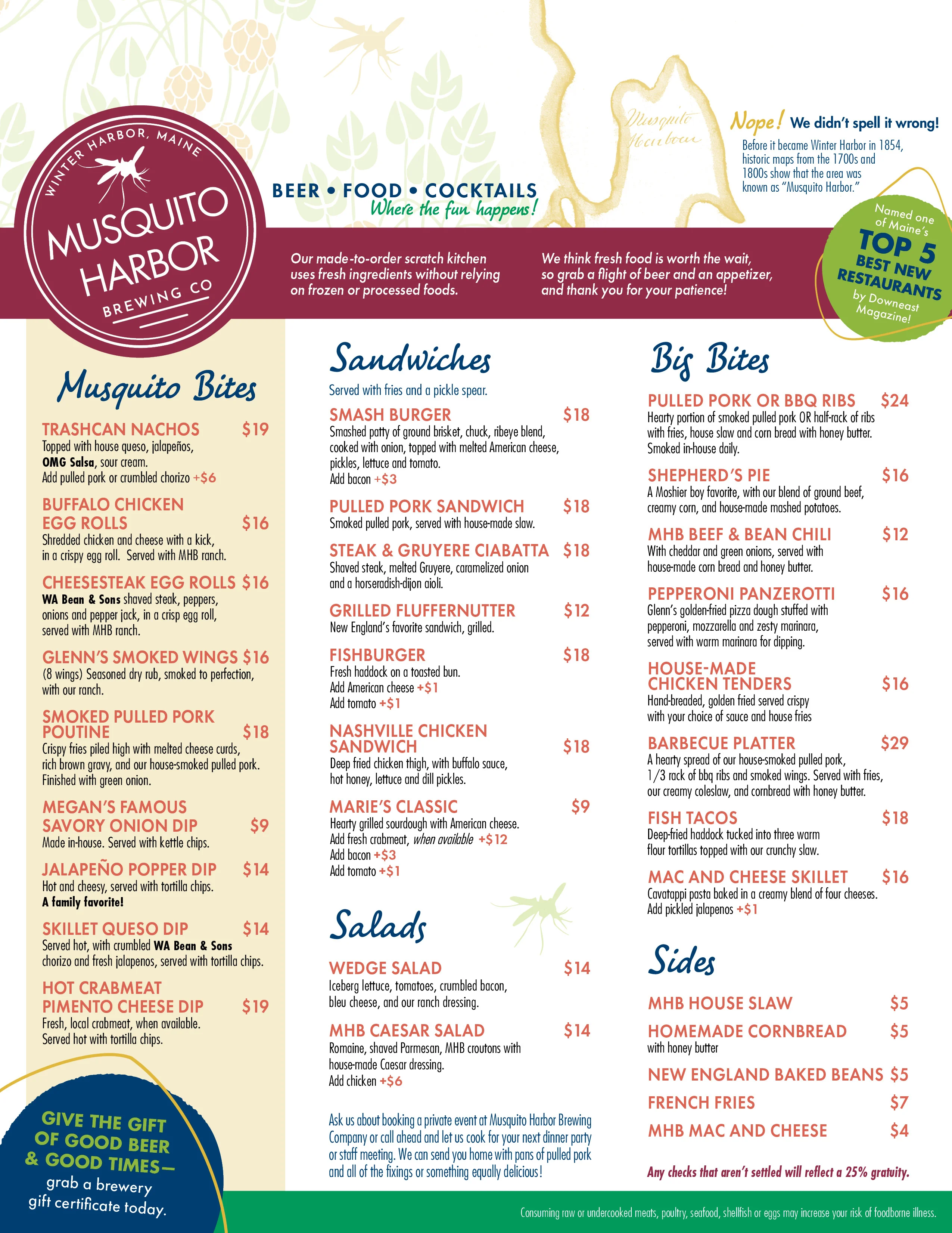 Menu from Musquito Harbor Brewing Co. featuring food and drink options.