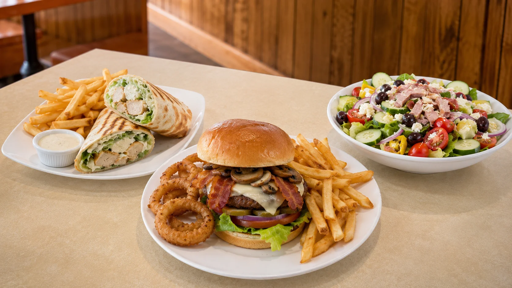 Classic American burger with fries and salad