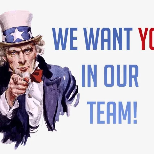 Recruitment poster with iconic character urging teamwork