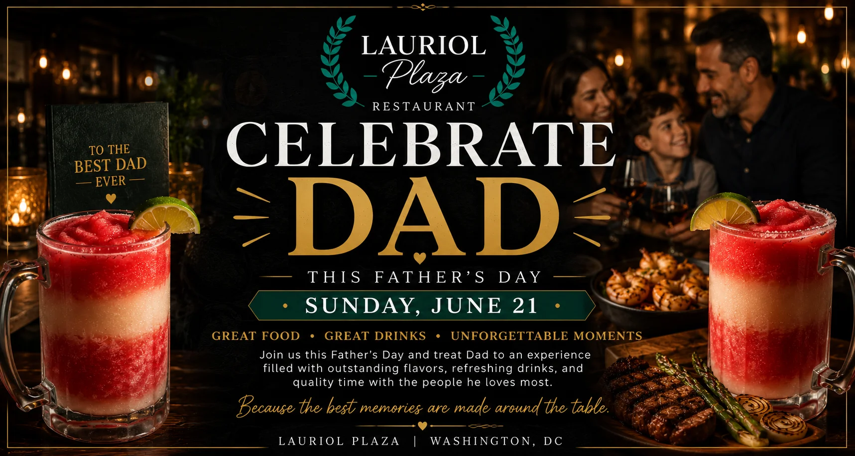 Father's Day celebration at a restaurant with cocktails and family dining