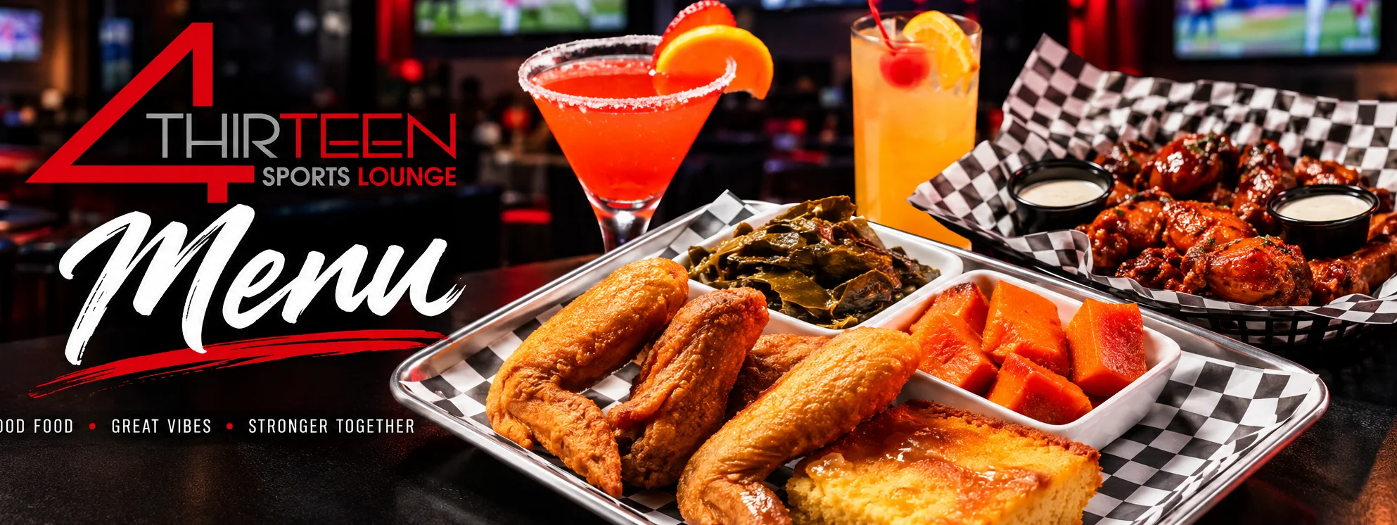 Southern-style fried chicken platter with sides at a sports lounge