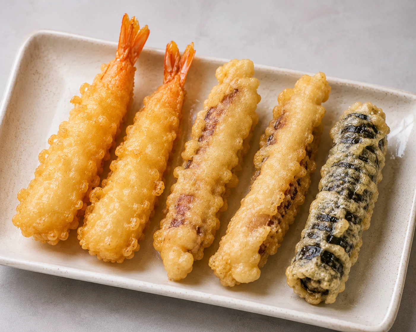Japanese tempura shrimp and vegetables on a plate