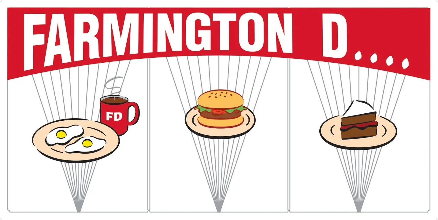 Classic American diner breakfast with eggs, burger, and dessert