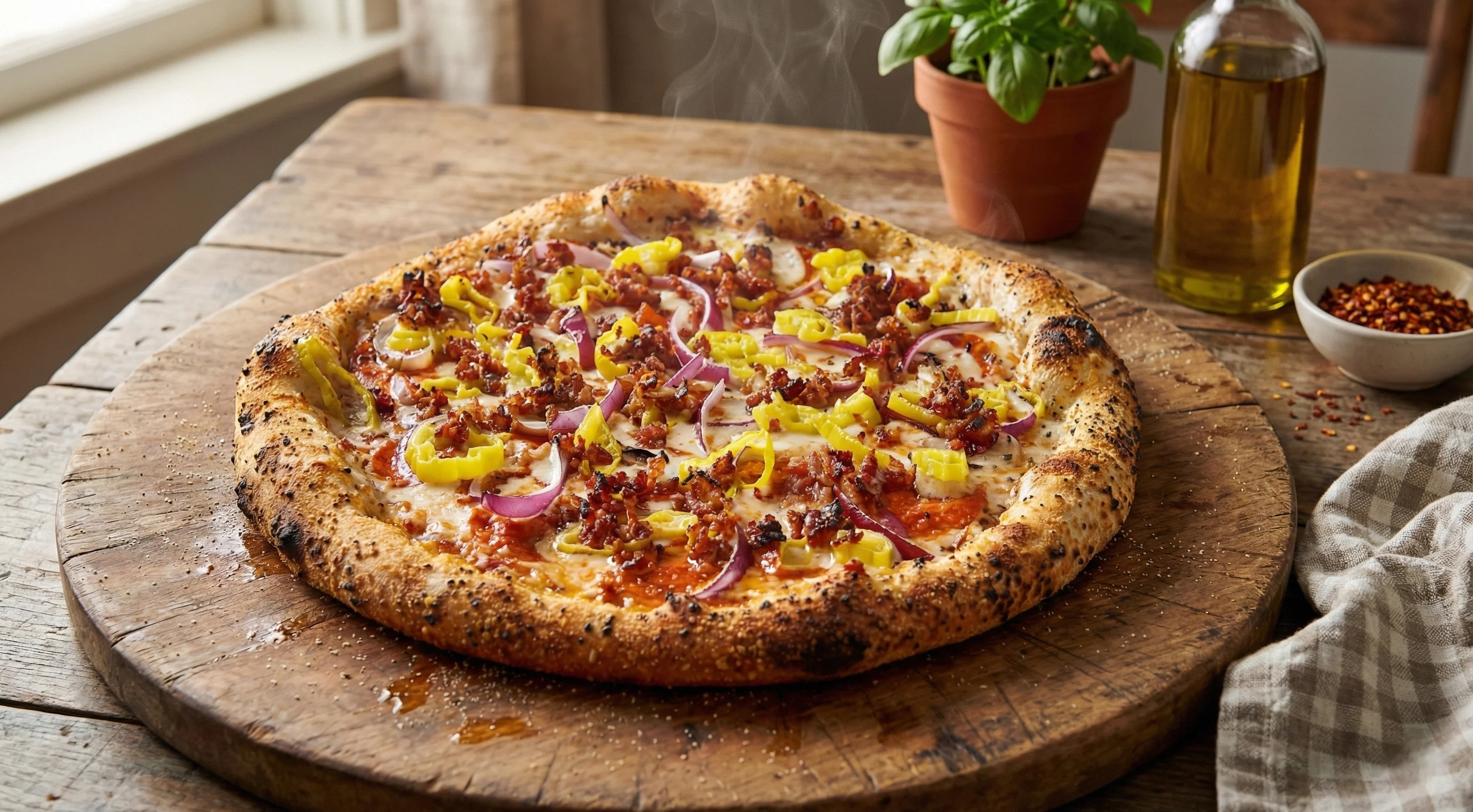 Delicious pepperoni pizza with toppings on a wooden board