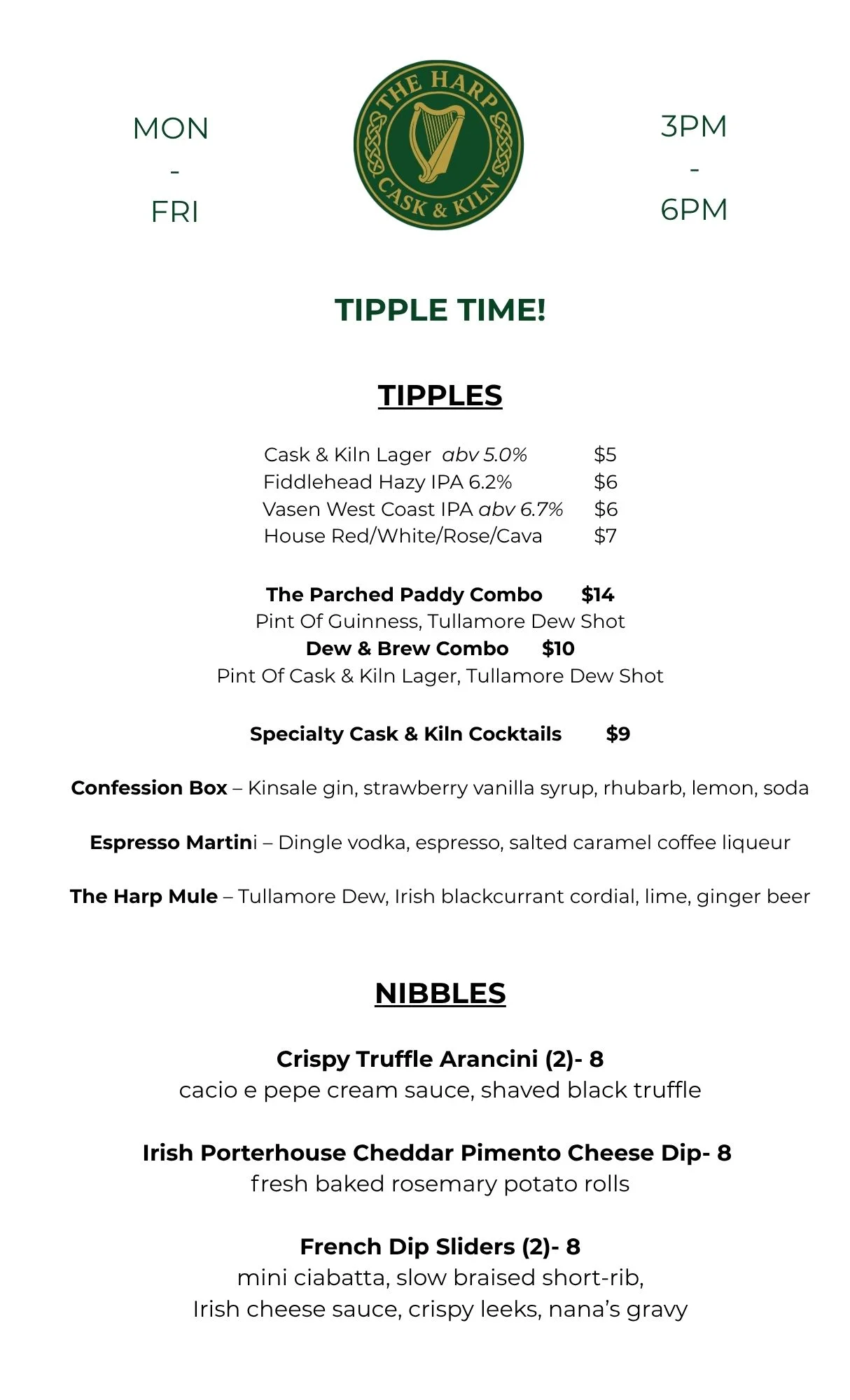 Menu for The Harp Cask & Kiln featuring drinks and nibbles.