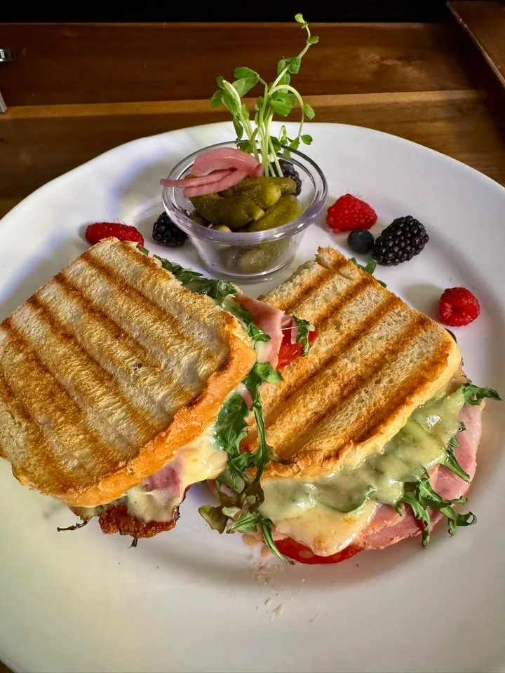 Grilled ham and cheese sandwich with fresh greens