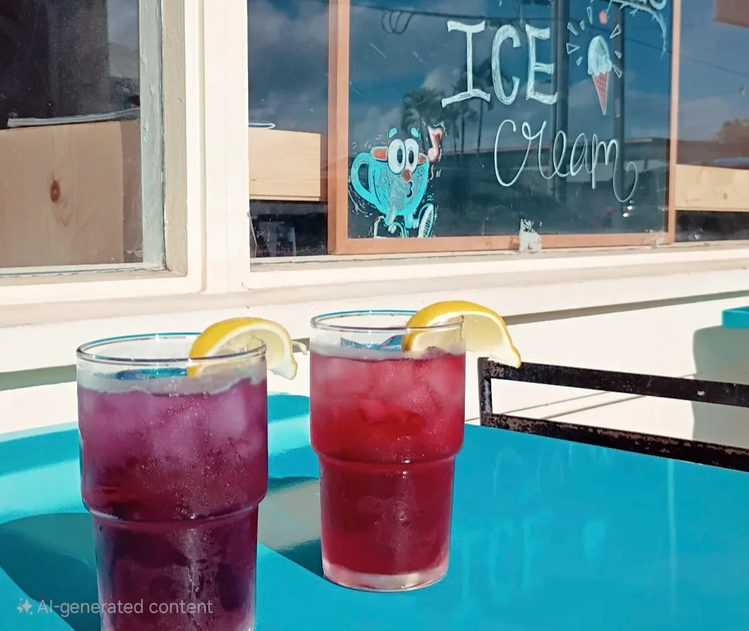 Refreshing iced beverages with lemon slices on a sunny table