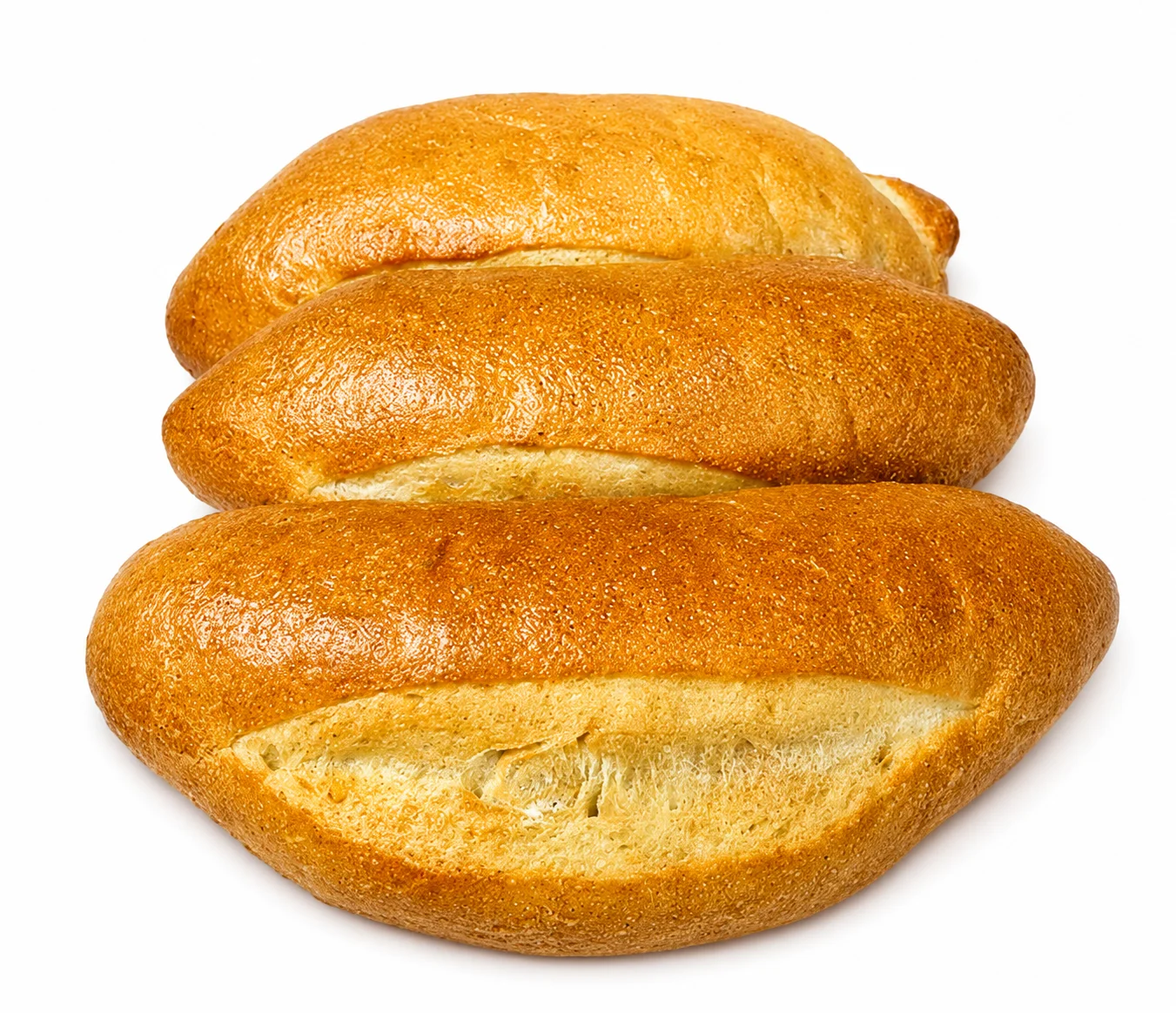 Three stacked loaves of freshly baked bread.