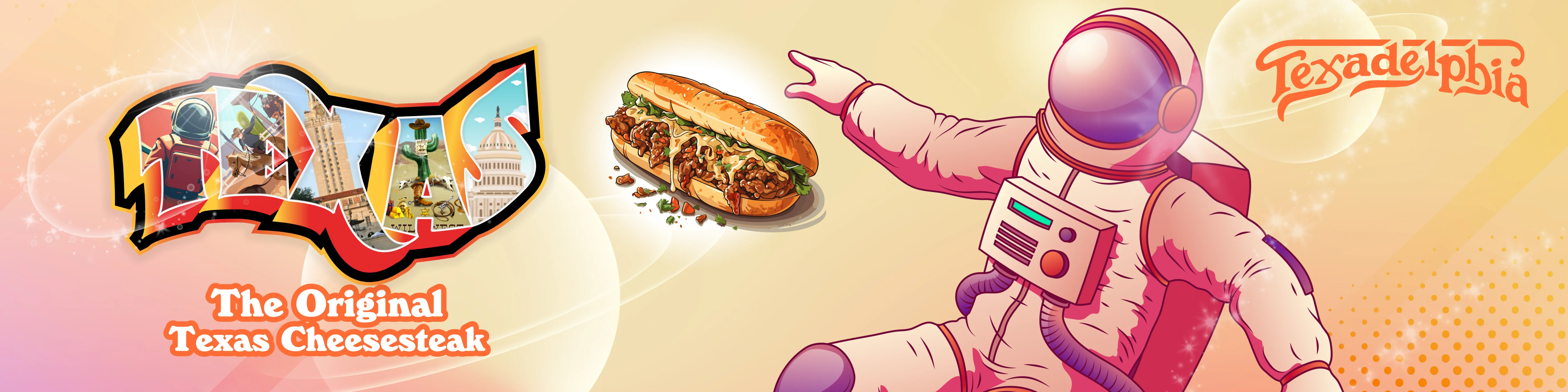 Illustration of Texas cheesesteak with vibrant graphics