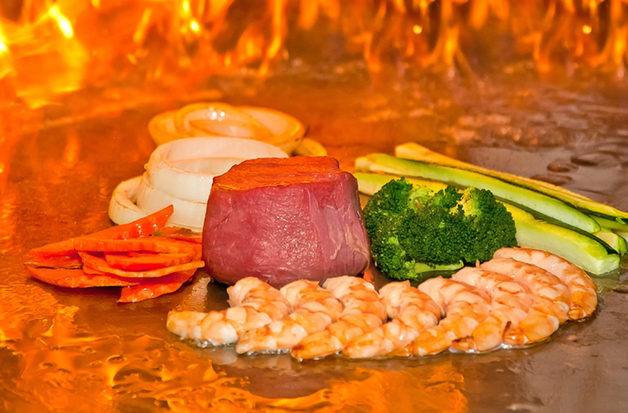 Teppanyaki grill with shrimp and steak