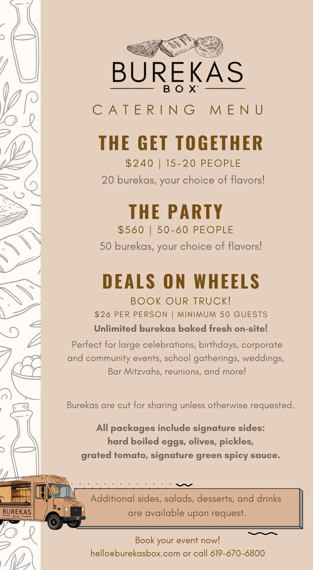 Catering menu for Mediterranean burekas with various flavors