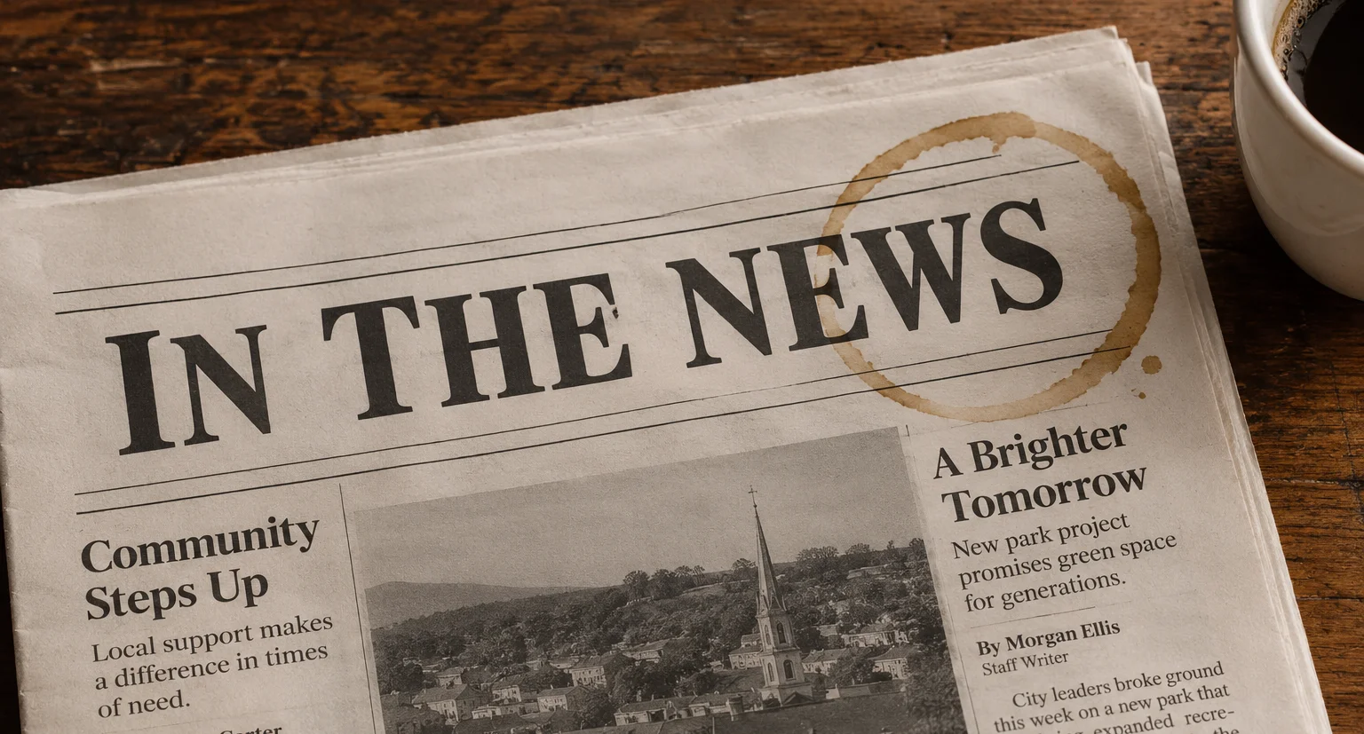 Vintage newspaper with coffee cup on a rustic wooden table