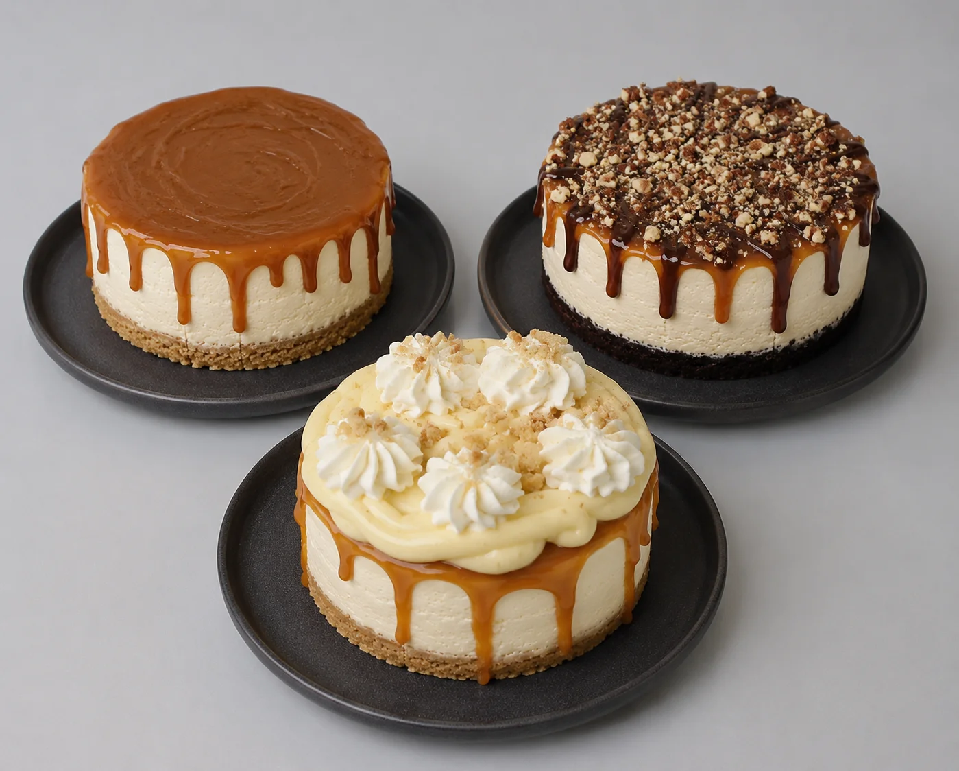 Decadent pecan caramel cheesecake on a white pedestal