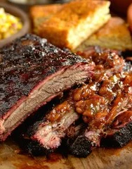 Smoked barbecue ribs with tangy sauce and sides