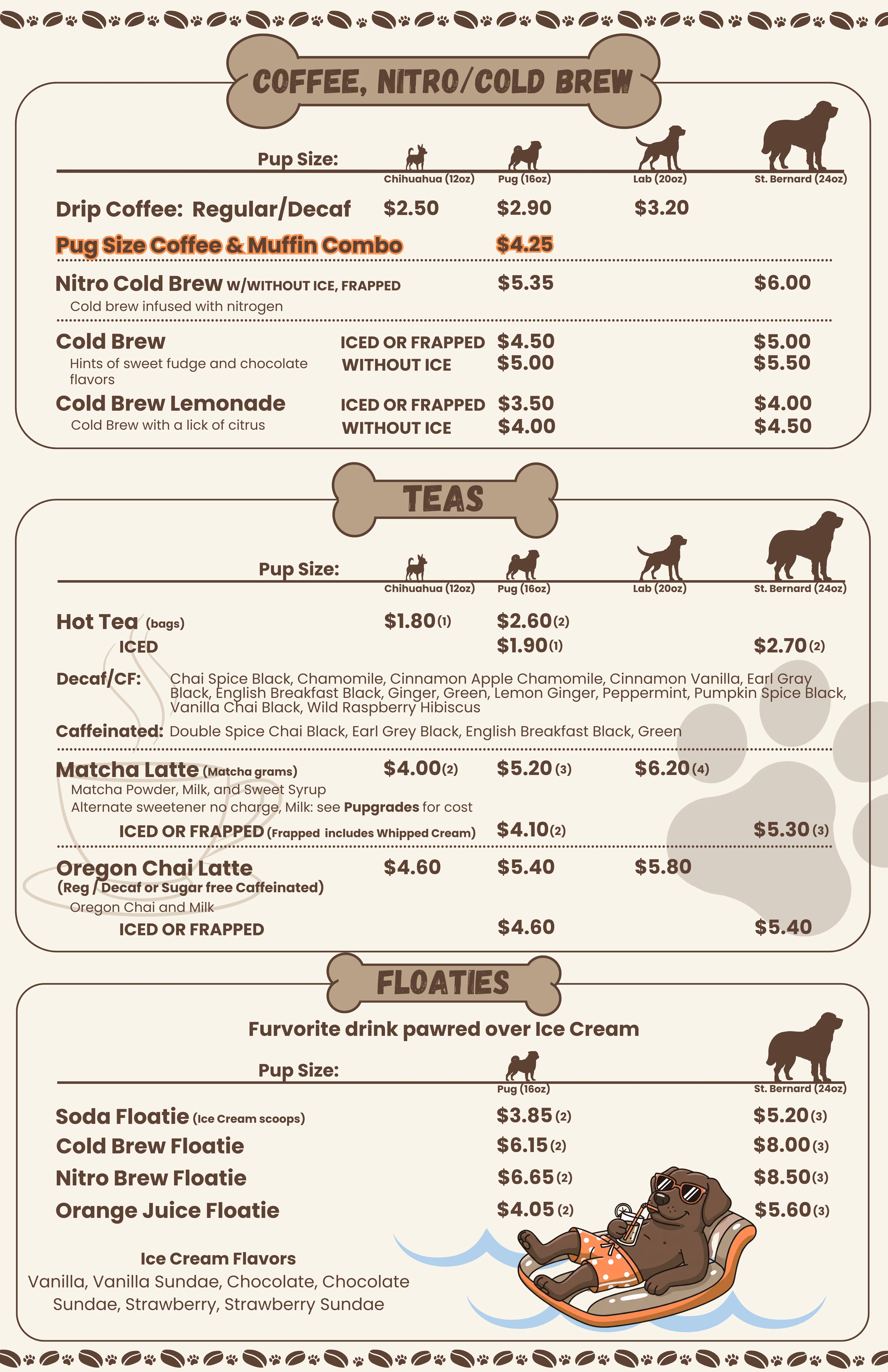 Coffee and tea menu with playful dog theme