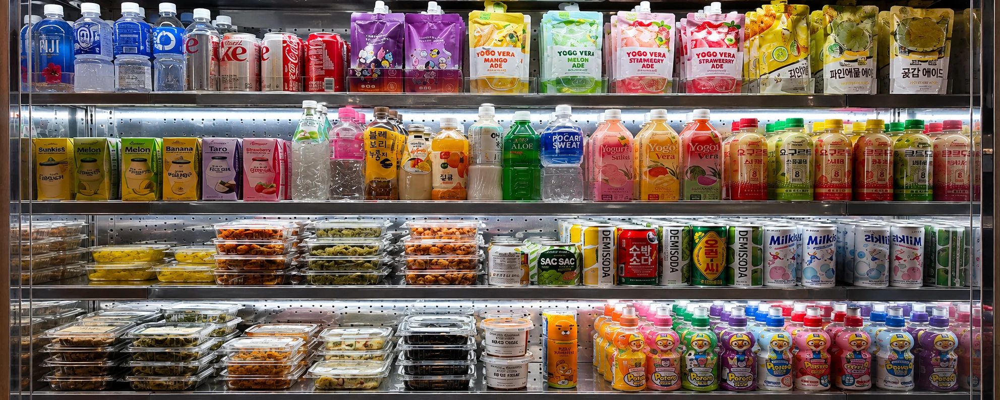 Colorful beverage display with various drinks and snacks